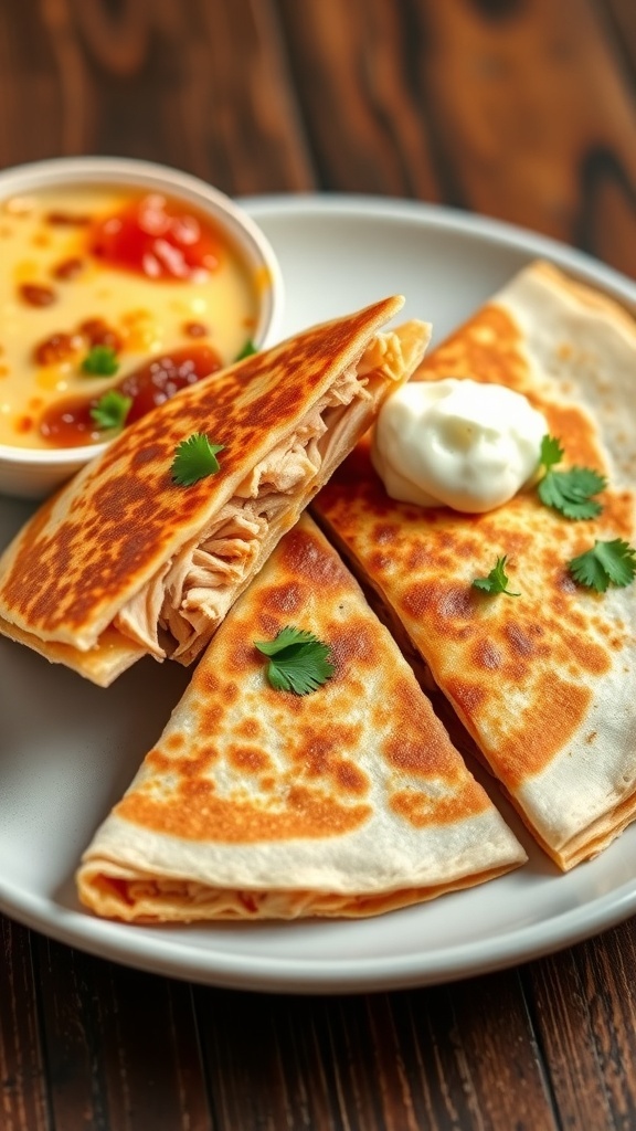 Cheesy Chicken Quesadilla Recipe Cheesy chicken quesadilla cut into wedges, served with salsa and sour cream on a wooden table.